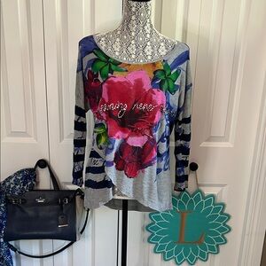 Watercolour Print Desigual Gray Top with Beading Size Large